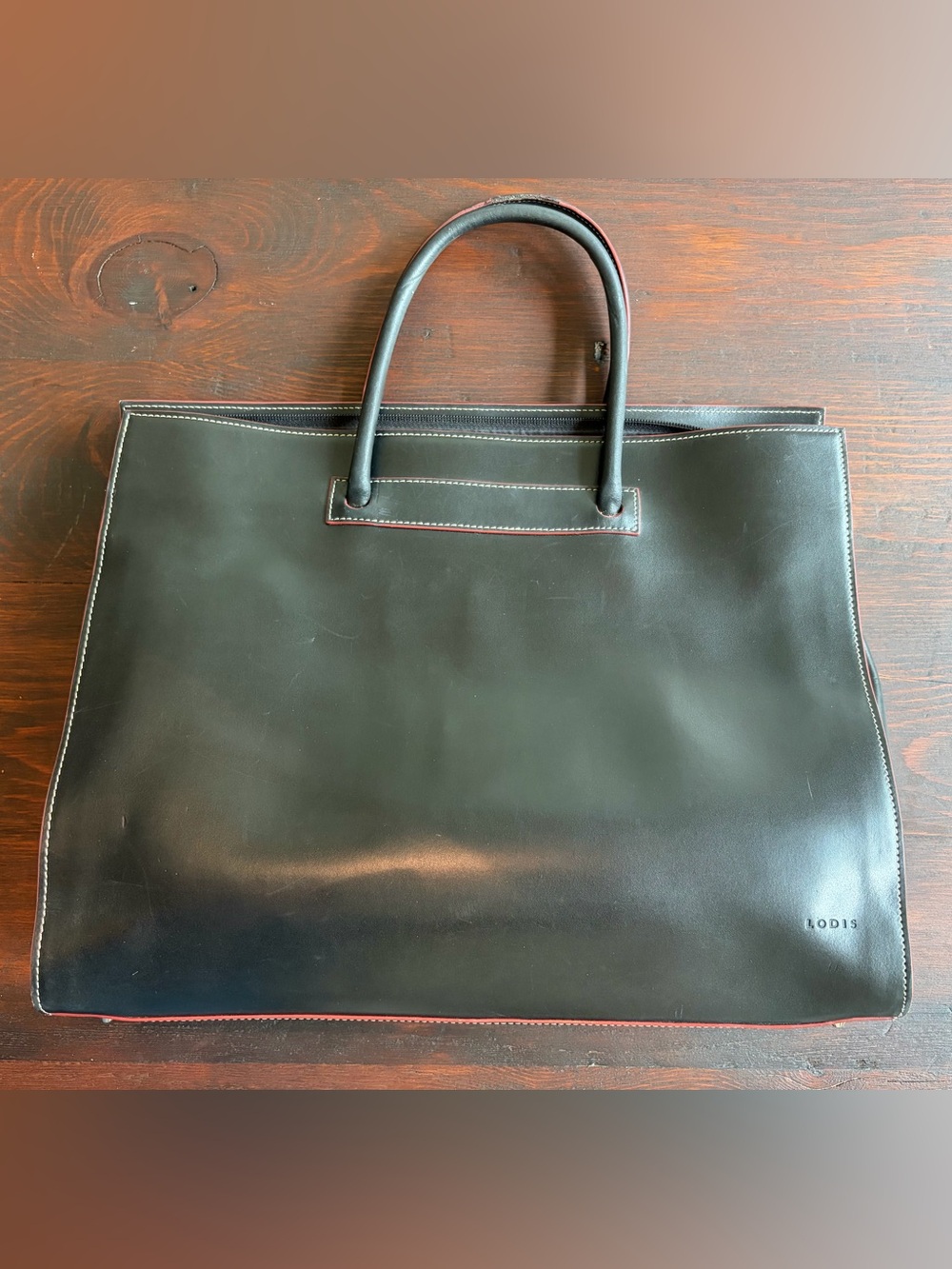 Black Leather Tote with Red Trim Handles